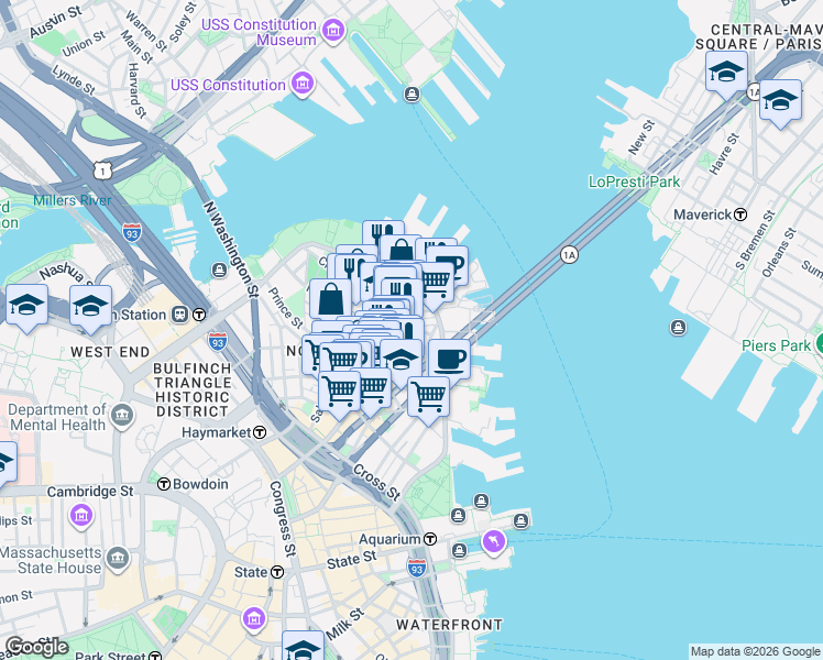map of restaurants, bars, coffee shops, grocery stores, and more near 7 Powers Court in Boston
