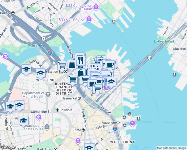 map of restaurants, bars, coffee shops, grocery stores, and more near 3 Snow Hill Street in Boston