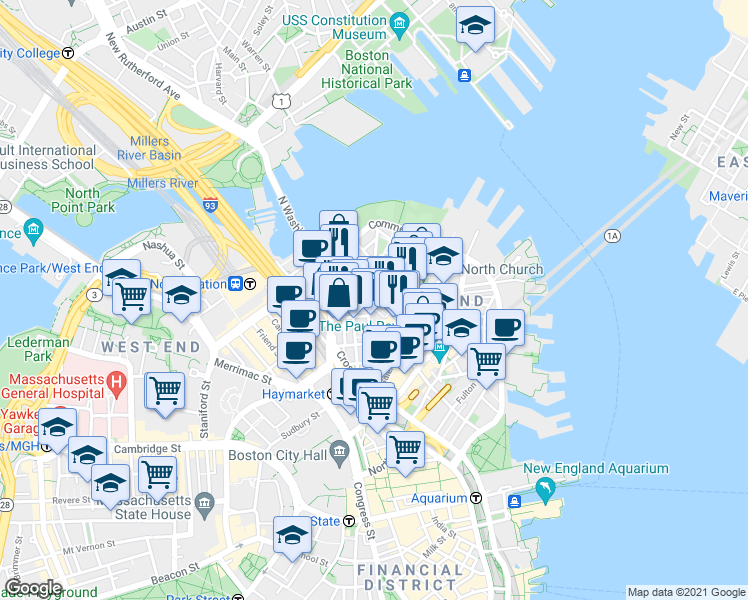 map of restaurants, bars, coffee shops, grocery stores, and more near Prince St & Snow Hill St in Boston
