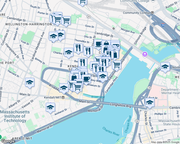 map of restaurants, bars, coffee shops, grocery stores, and more near 125 Binney Street in Cambridge