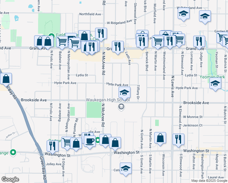 map of restaurants, bars, coffee shops, grocery stores, and more near 409 Flossmoor Avenue in Waukegan