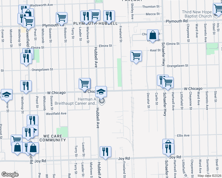 map of restaurants, bars, coffee shops, grocery stores, and more near 14422 West Chicago in Detroit