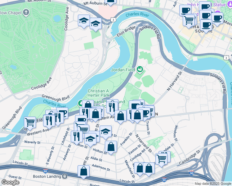 map of restaurants, bars, coffee shops, grocery stores, and more near Soldiers Field Road in Boston