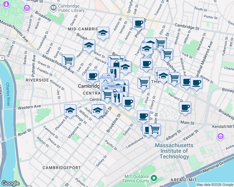 map of restaurants, bars, coffee shops, grocery stores, and more near 5 Ashburton Place in Cambridge