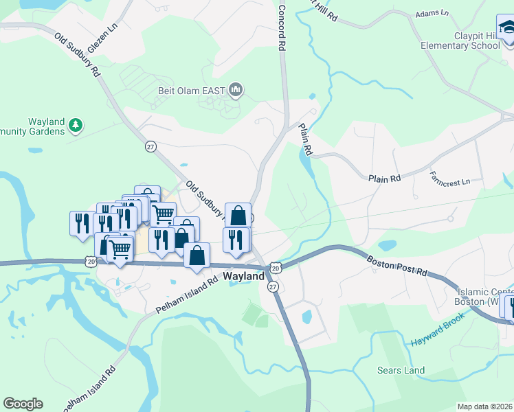 map of restaurants, bars, coffee shops, grocery stores, and more near 10 Concord Road in Wayland
