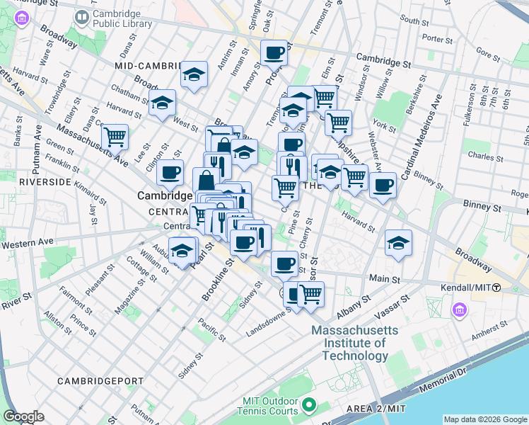 map of restaurants, bars, coffee shops, grocery stores, and more near 373 Washington Street in Cambridge