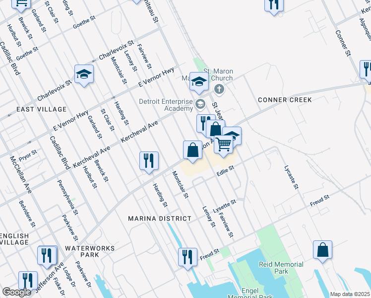 map of restaurants, bars, coffee shops, grocery stores, and more near 1525 Fairview Street in Detroit