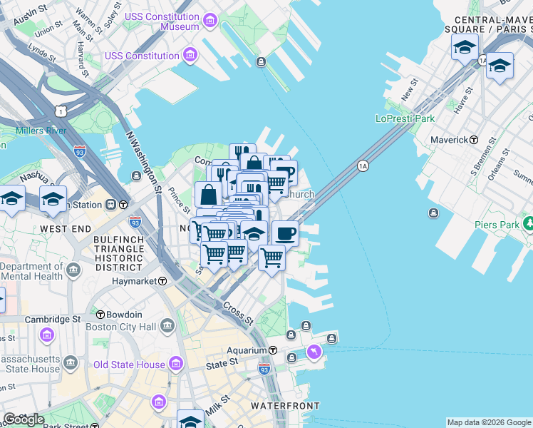 map of restaurants, bars, coffee shops, grocery stores, and more near 20 Hanover Avenue in Boston
