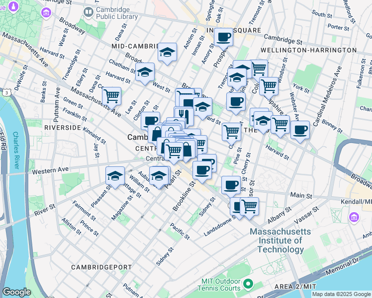 map of restaurants, bars, coffee shops, grocery stores, and more near Bishop Allen Drive & Essex Street in Cambridge