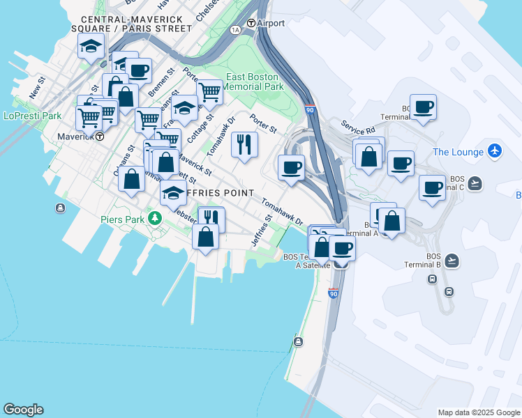 map of restaurants, bars, coffee shops, grocery stores, and more near 375 Maverick Street in Boston