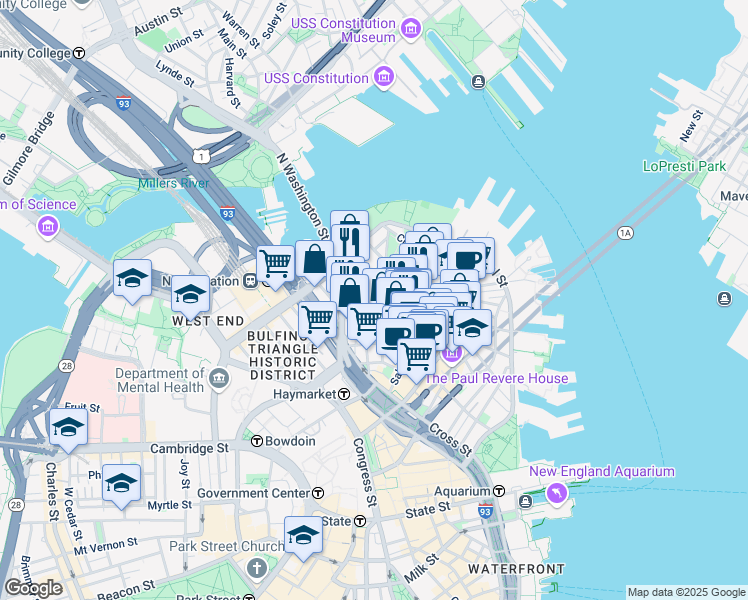 map of restaurants, bars, coffee shops, grocery stores, and more near 3 Snow Hill Street in Boston