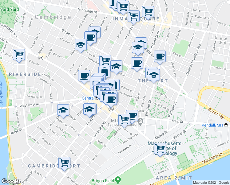 map of restaurants, bars, coffee shops, grocery stores, and more near 65 Norfolk Street in Cambridge