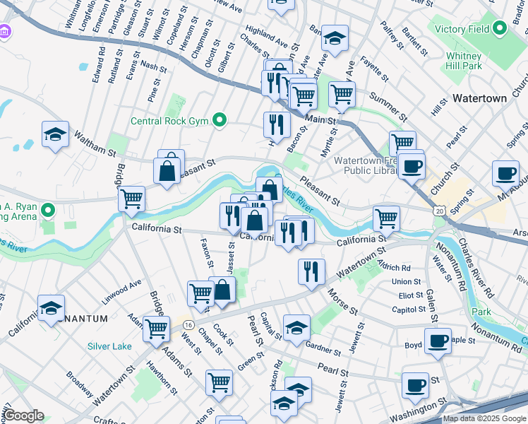 map of restaurants, bars, coffee shops, grocery stores, and more near 2 Riverdale Avenue in Newton