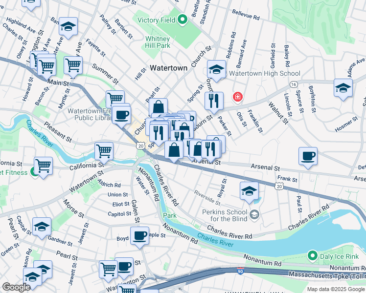 map of restaurants, bars, coffee shops, grocery stores, and more near 15 Patten Street in Watertown
