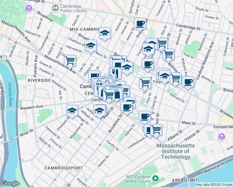 map of restaurants, bars, coffee shops, grocery stores, and more near in Cambridge