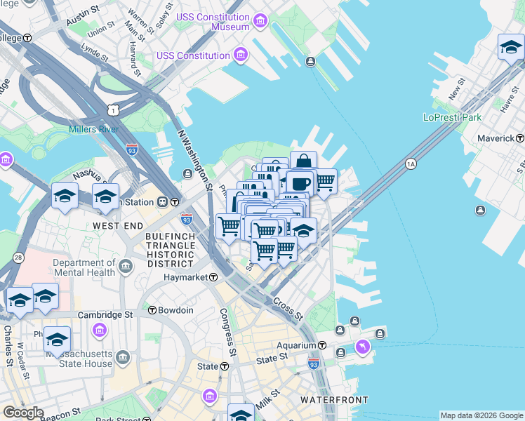 map of restaurants, bars, coffee shops, grocery stores, and more near 158 Salem Street in Boston