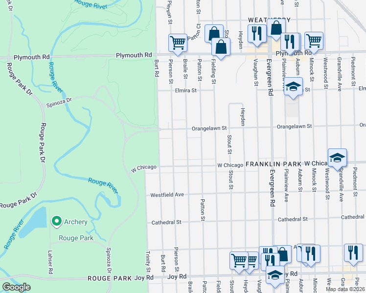 map of restaurants, bars, coffee shops, grocery stores, and more near 9591 Braile Street in Detroit