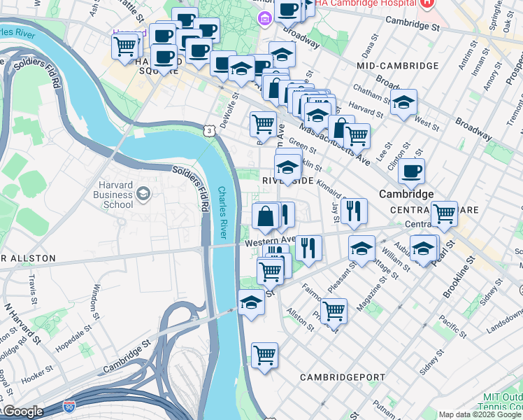 map of restaurants, bars, coffee shops, grocery stores, and more near 30 Peabody Terrace in Cambridge