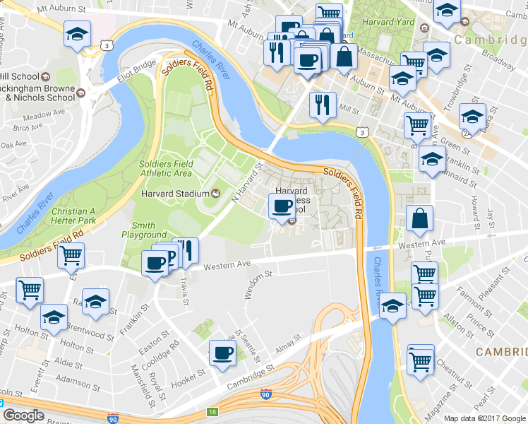 map of restaurants, bars, coffee shops, grocery stores, and more near 66 North Harvard Street in Boston