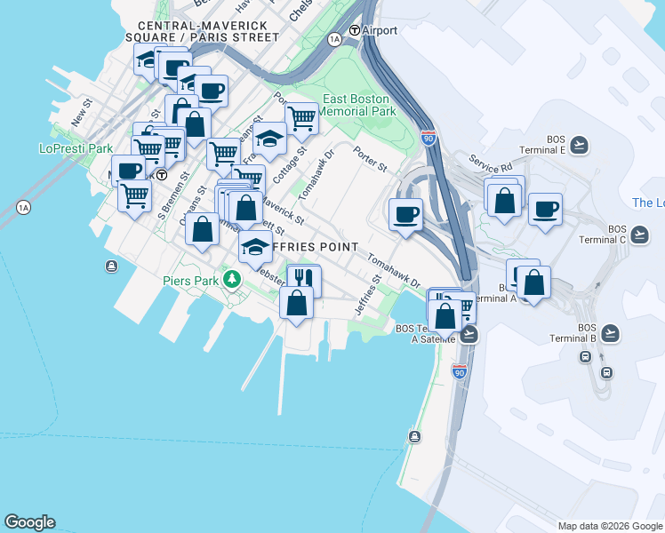 map of restaurants, bars, coffee shops, grocery stores, and more near 191 Everett Street in Boston