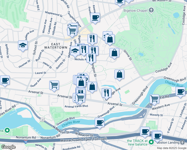 map of restaurants, bars, coffee shops, grocery stores, and more near 104 Arlington Street in Watertown