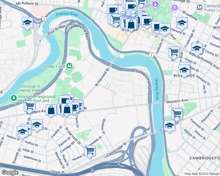 map of restaurants, bars, coffee shops, grocery stores, and more near 66 North Harvard Street in Boston