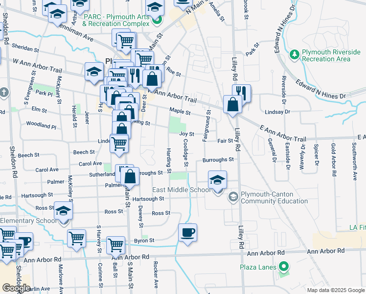 map of restaurants, bars, coffee shops, grocery stores, and more near 748 Coolidge Street in Plymouth