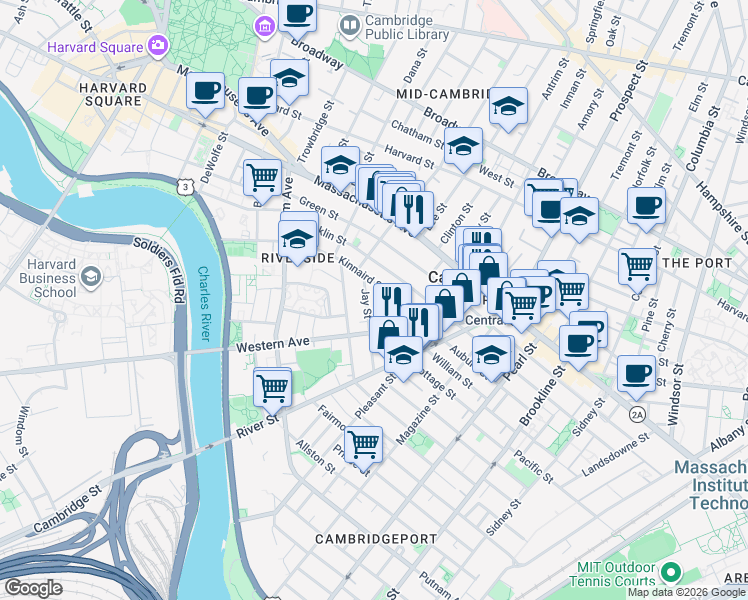 map of restaurants, bars, coffee shops, grocery stores, and more near in Cambridge