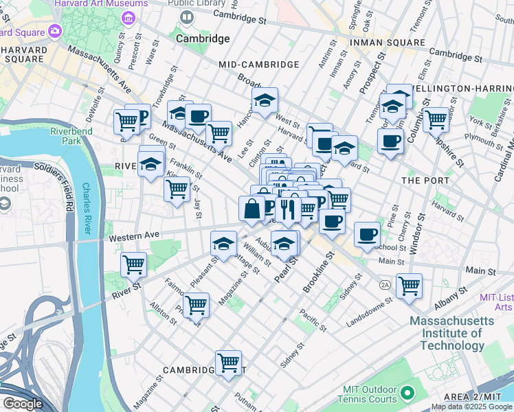 map of restaurants, bars, coffee shops, grocery stores, and more near 9 Pleasant Street in Cambridge