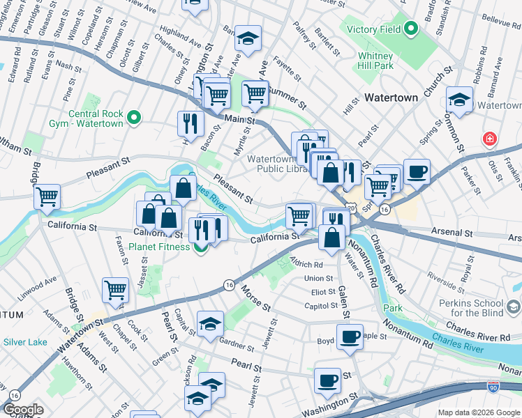 map of restaurants, bars, coffee shops, grocery stores, and more near 130 Pleasant Street in Watertown