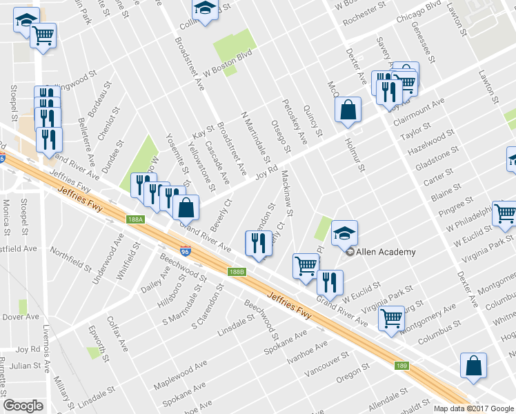 map of restaurants, bars, coffee shops, grocery stores, and more near 9054 N Martindale St in Detroit