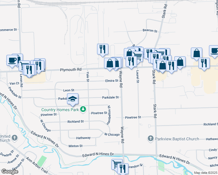 map of restaurants, bars, coffee shops, grocery stores, and more near 35166 Leon Street in Livonia