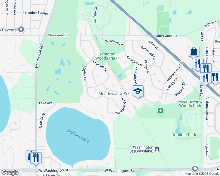 map of restaurants, bars, coffee shops, grocery stores, and more near 1341 Chesterfield Lane in Grayslake