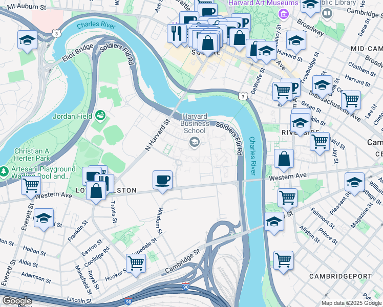 map of restaurants, bars, coffee shops, grocery stores, and more near 35 Harvard Way in Boston
