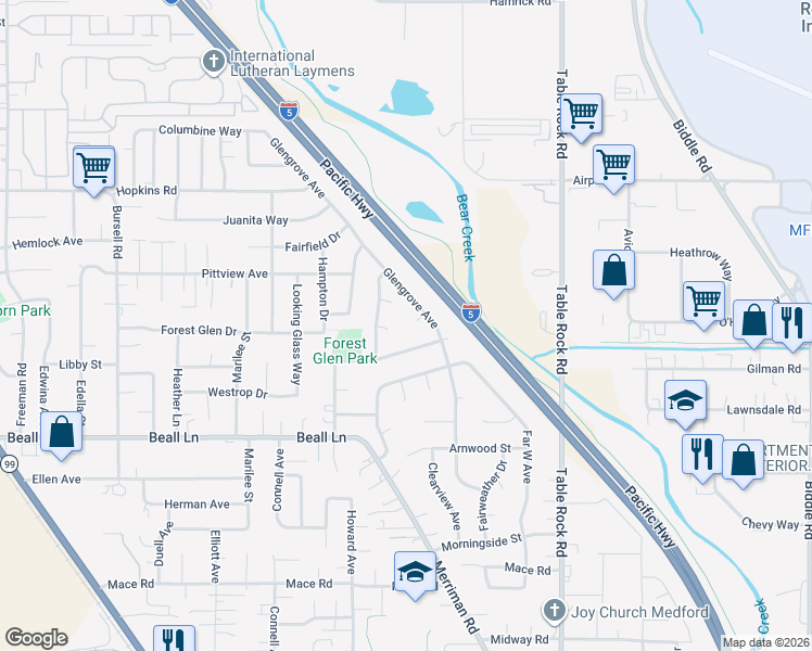 map of restaurants, bars, coffee shops, grocery stores, and more near 1125 Paisley Court in Central Point