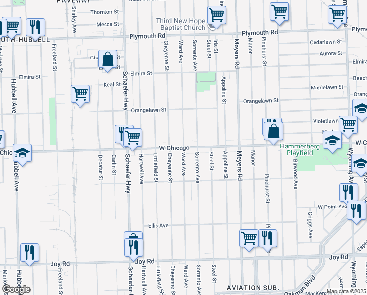 map of restaurants, bars, coffee shops, grocery stores, and more near Chicago W & Ward Ave in Detroit