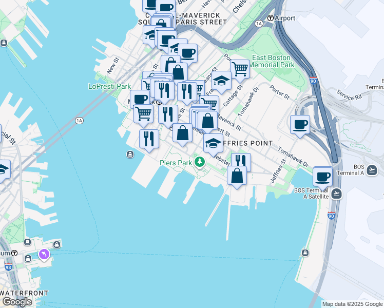 map of restaurants, bars, coffee shops, grocery stores, and more near 110A Marginal Street in Boston