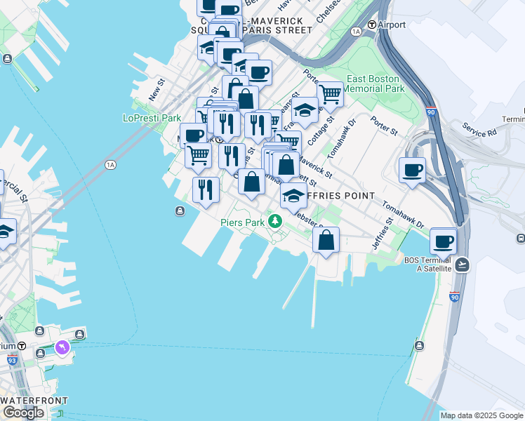map of restaurants, bars, coffee shops, grocery stores, and more near 110A Marginal Street in Boston