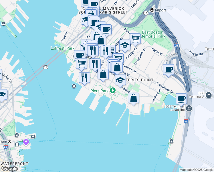 map of restaurants, bars, coffee shops, grocery stores, and more near 110A Marginal Street in Boston