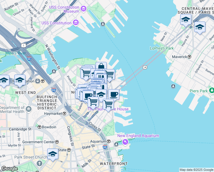 map of restaurants, bars, coffee shops, grocery stores, and more near 7 Powers Court in Boston