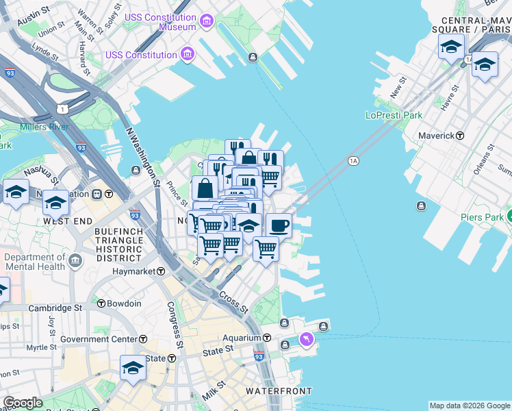 map of restaurants, bars, coffee shops, grocery stores, and more near 7 Powers Court in Boston