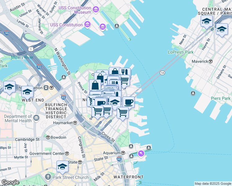 map of restaurants, bars, coffee shops, grocery stores, and more near 7 Powers Court in Boston
