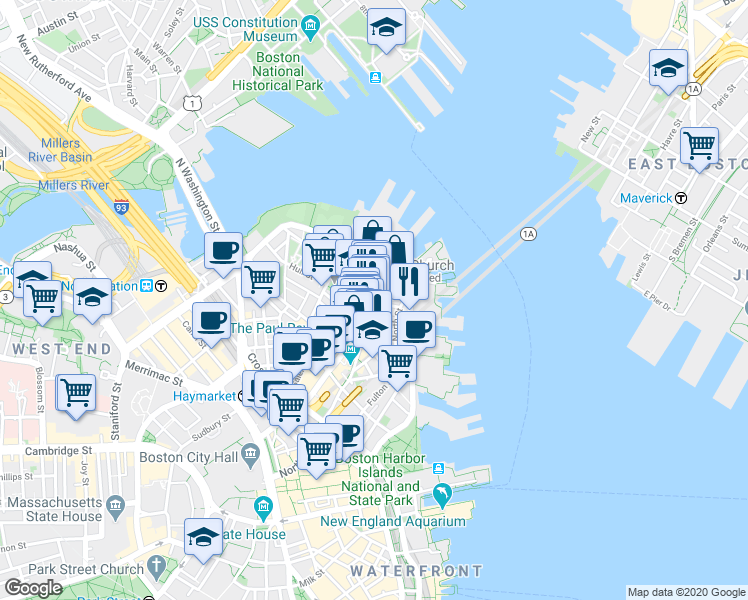 map of restaurants, bars, coffee shops, grocery stores, and more near 7 Powers Court in Boston