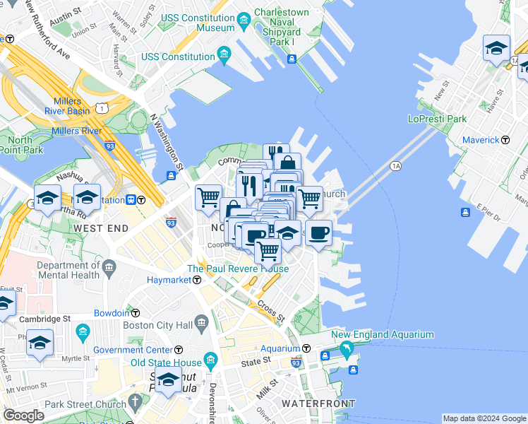 map of restaurants, bars, coffee shops, grocery stores, and more near in Boston