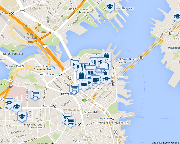 map of restaurants, bars, coffee shops, grocery stores, and more near in Boston