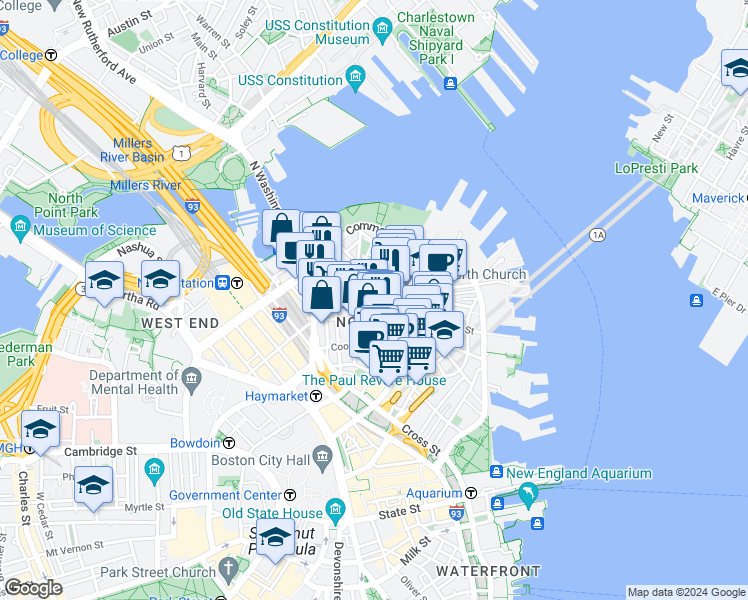 map of restaurants, bars, coffee shops, grocery stores, and more near 3 Snow Hill Street in Boston