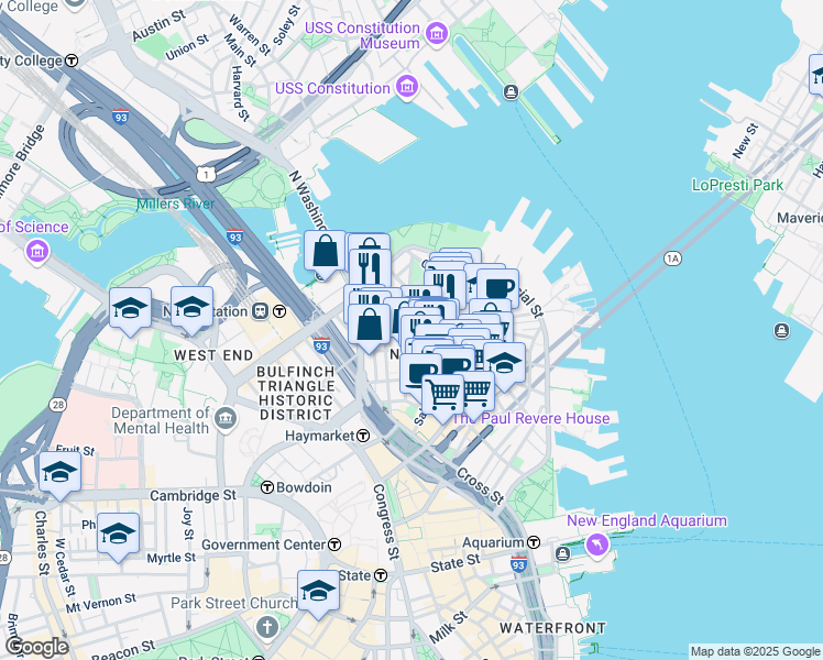 map of restaurants, bars, coffee shops, grocery stores, and more near 3 Snow Hill Street in Boston