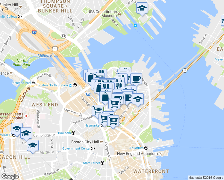 map of restaurants, bars, coffee shops, grocery stores, and more near 3 Snow Hill Street in Boston