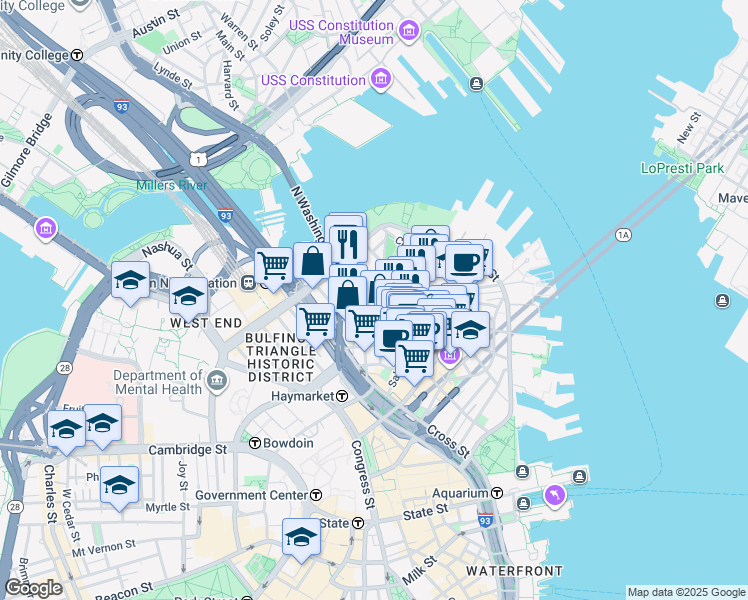 map of restaurants, bars, coffee shops, grocery stores, and more near 3 Snow Hill Street in Boston