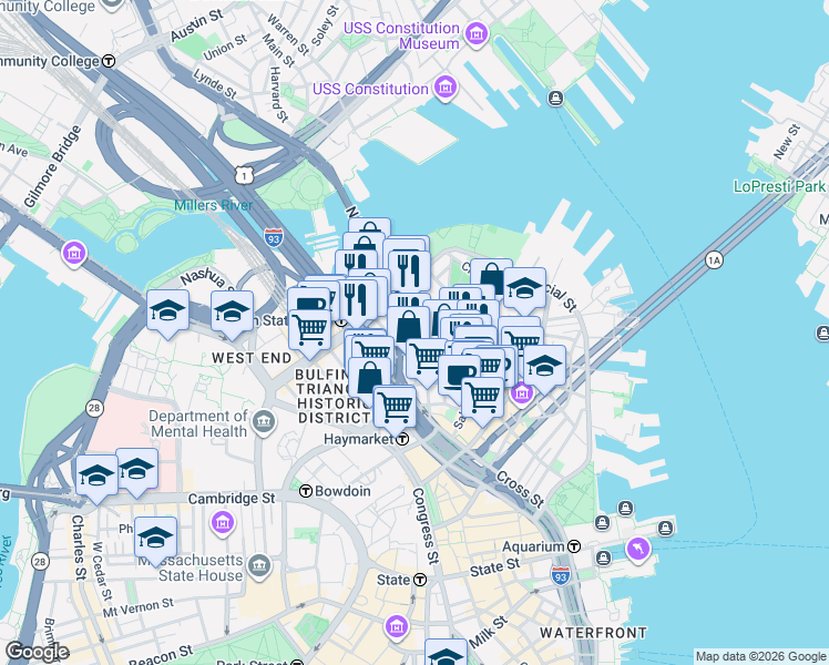 map of restaurants, bars, coffee shops, grocery stores, and more near 7 Endicott Court in Boston